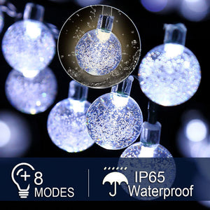 iihome 50ft 90 LED Solar Powered Outdoor String Lights Garden Crystal Ball Chrismas Globe Lights Decorative Lighting for Garden, Patio, Yard, Home, ChrismasTree, Parties,White [Energy Class A+++]