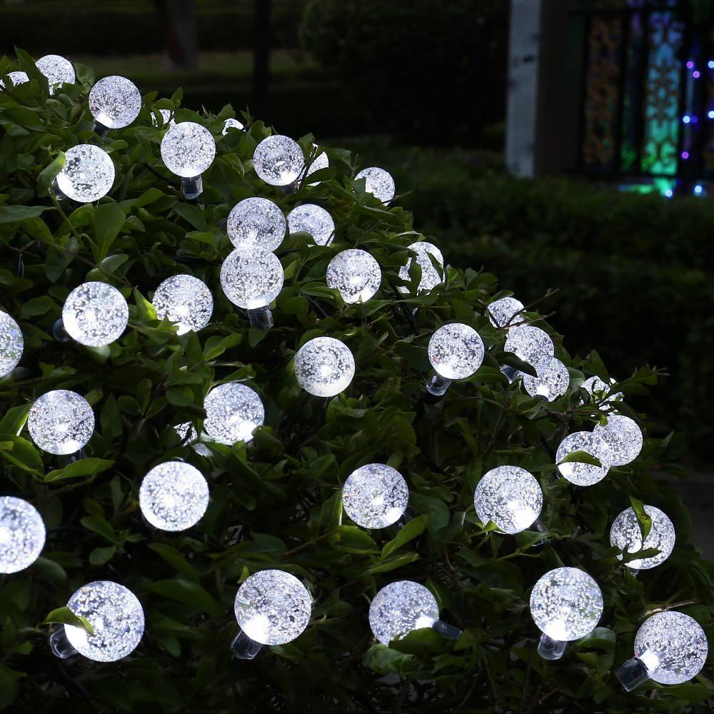 iihome 50ft 90 LED Solar Powered Outdoor String Lights Garden Crystal Ball Chrismas Globe Lights Decorative Lighting for Garden, Patio, Yard, Home, ChrismasTree, Parties,White [Energy Class A+++]