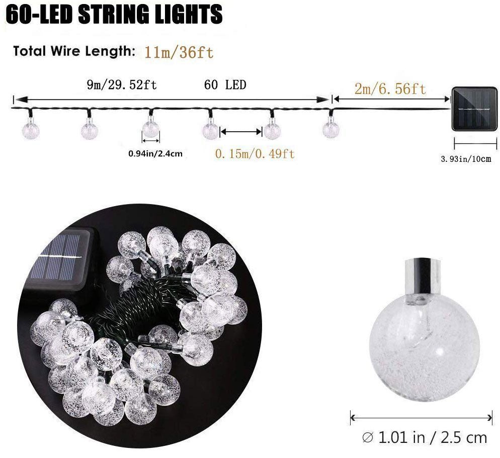 iihome - Tira de 60 LED para exterior, impermeable, funciona con energía solar, 11metros, iluminación decorativa con forma de bolas de cristal para jardín, patio, hogar, árbol de Navidad, fiestas